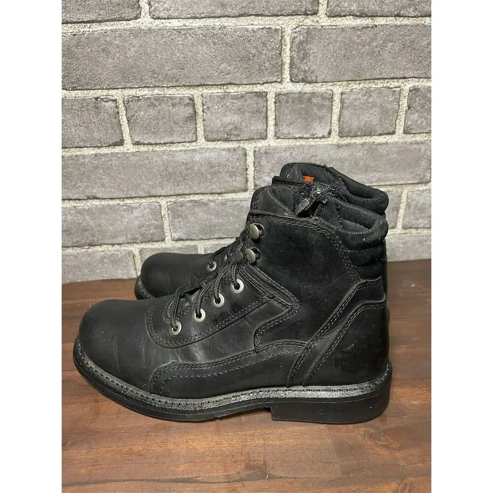 Harley-Davidson Men's Black Leather Biker Boots Size 8 Ankle Lace-Up